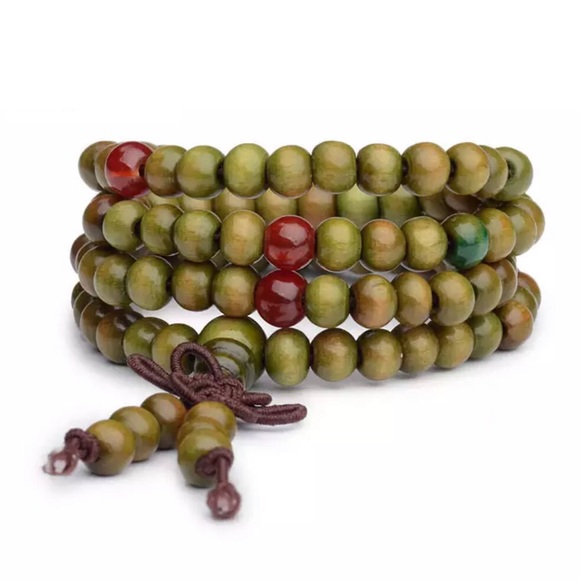 NEW Green Mala 6mm Wrap Bracelet 20" Elastic Cord 108 Rosewood Bead Zen Prayer - Picture 5 of 6